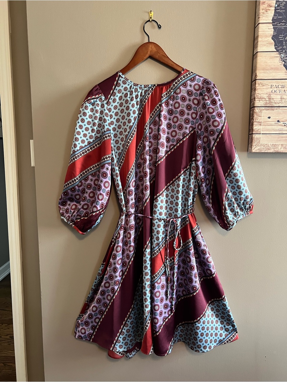 Ann Taylor Petite Boho Satin Geo Floral Diagonal Stripe Flare Dress Sz 4